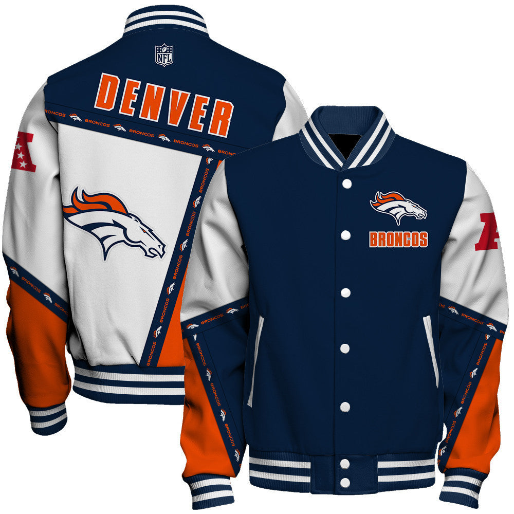 Denver Broncos Dynamic Design With Large Logo And Impressive Diagonal Lines Varsity Jacket