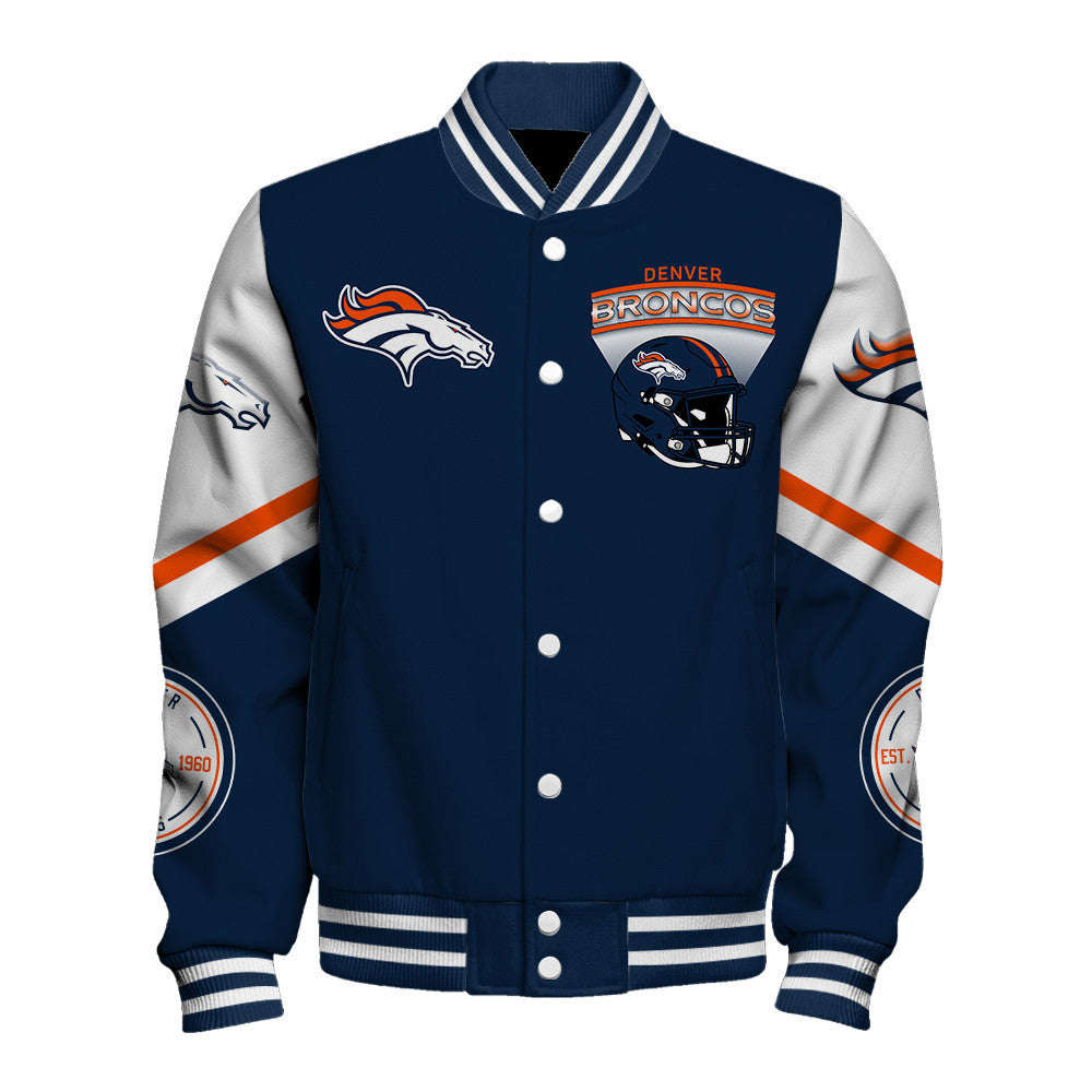 Denver Broncos Large Helmet Graphic and Bold Classic Team Logo Design Varsity Jacket