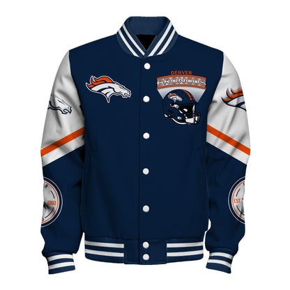 Denver Broncos Large Helmet Graphic and Bold Classic Team Logo Design Varsity Jacket