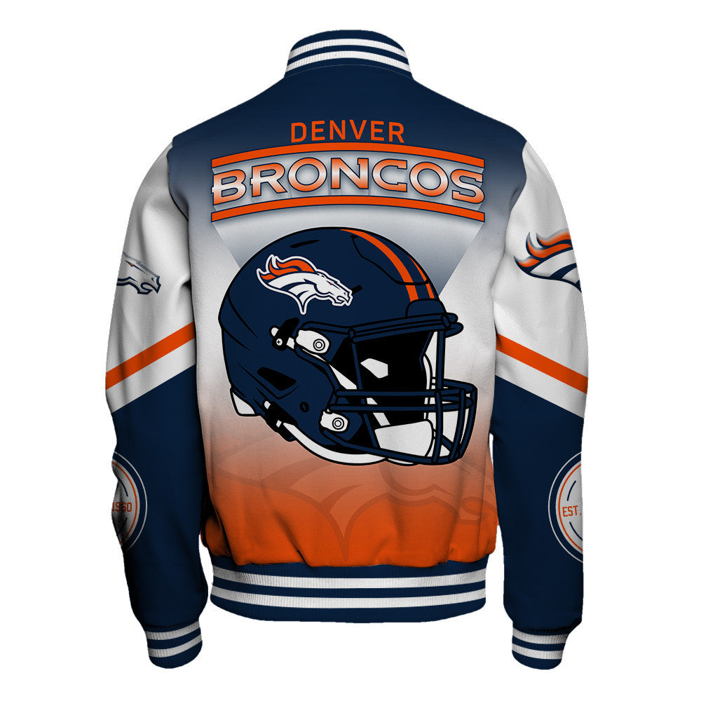 Denver Broncos Large Helmet Graphic and Bold Classic Team Logo Design Varsity Jacket