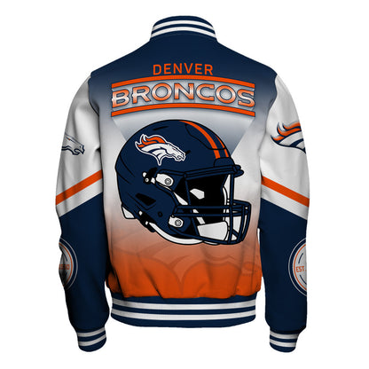 Denver Broncos Large Helmet Graphic and Bold Classic Team Logo Design Varsity Jacket