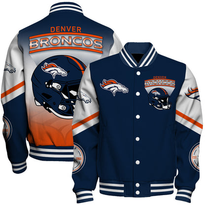 Denver Broncos Large Helmet Graphic and Bold Classic Team Logo Design Varsity Jacket