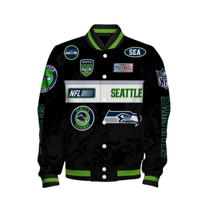 Seattle Seahawks Unique Badge/Patchwork and Horizontal Stripe Detailing Varsity Jacket