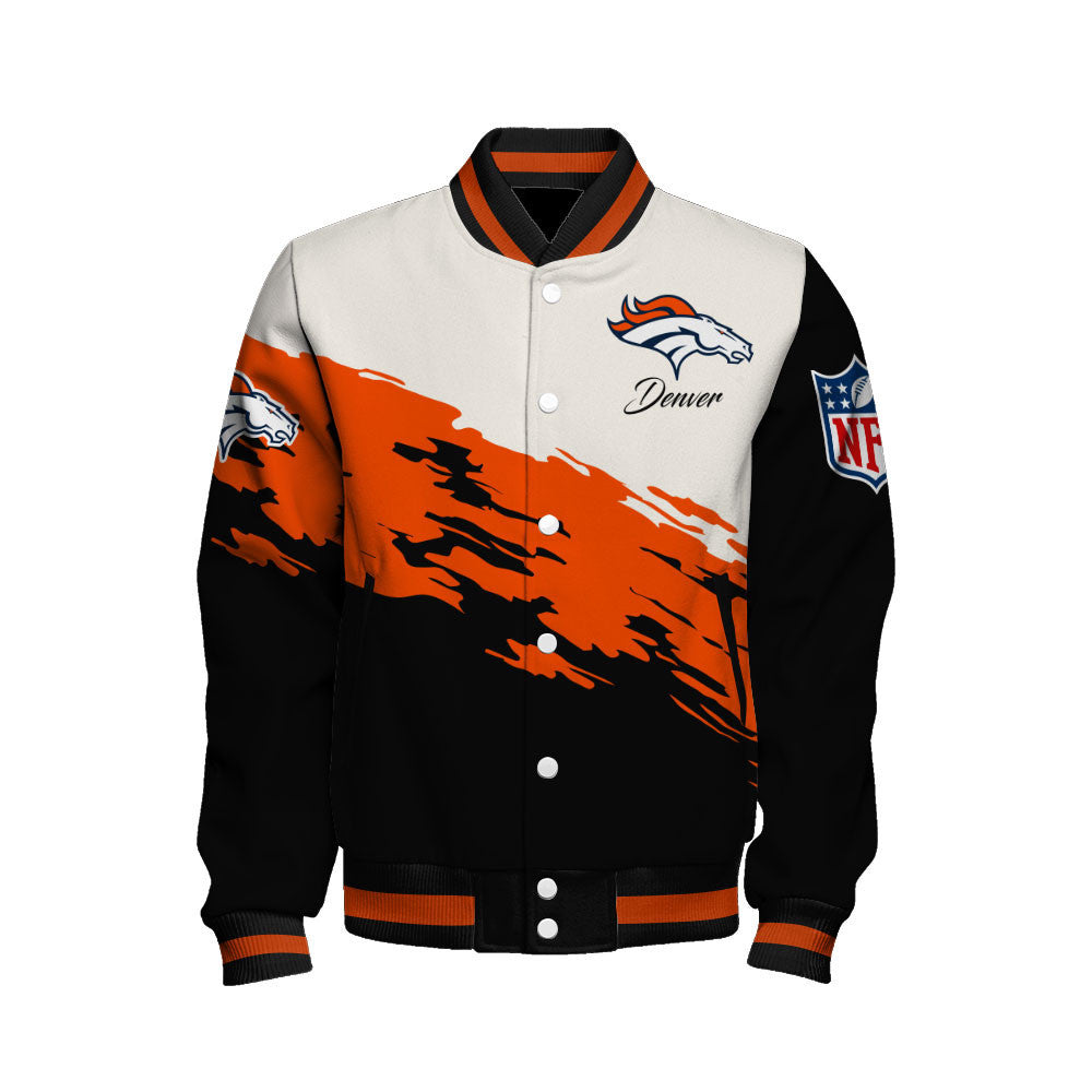 Denver Broncos Dynamic Color-Blocking Design and Signature Lettering Varsity Jacket