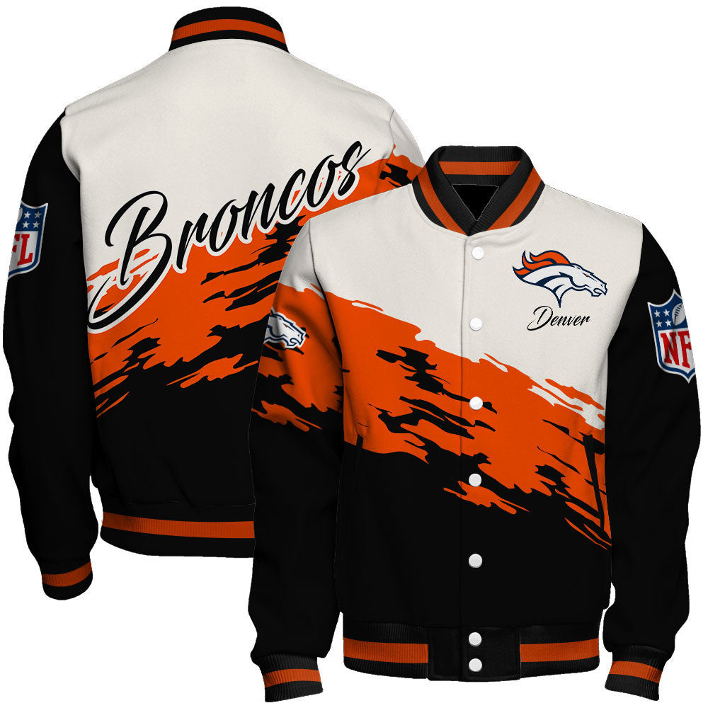 Denver Broncos Dynamic Color-Blocking Design and Signature Lettering Varsity Jacket