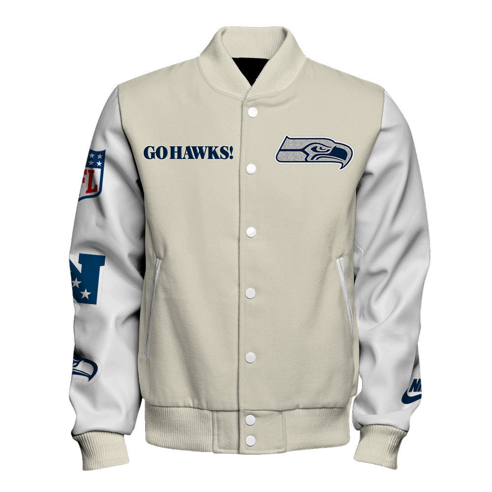 Seattle Seahawks Cream Color Block & Contrasting White Sleeves Varsity Jacket