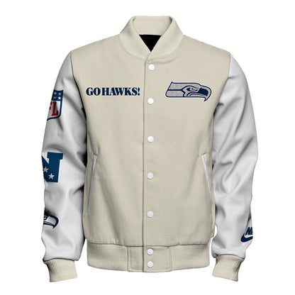 Seattle Seahawks Cream Color Block & Contrasting White Sleeves Varsity Jacket