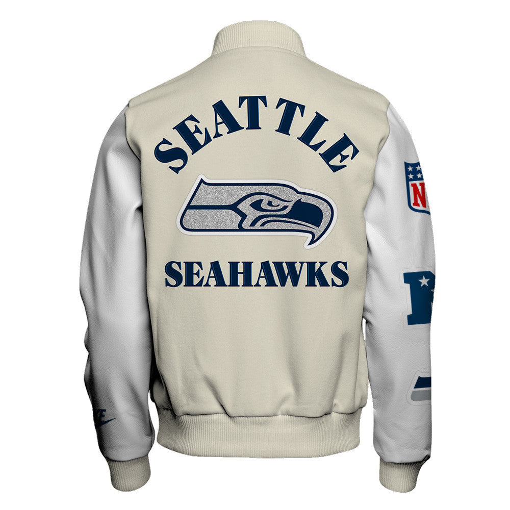 Seattle Seahawks Cream Color Block & Contrasting White Sleeves Varsity Jacket