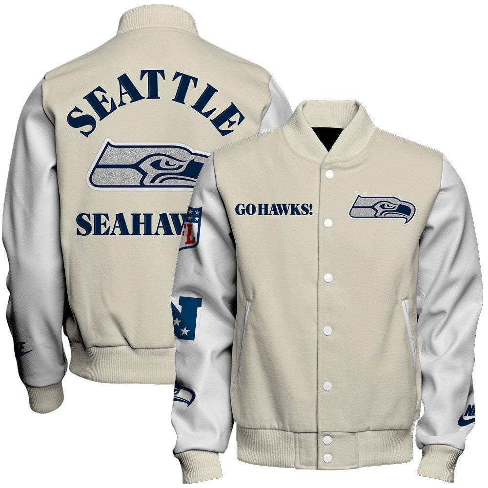 Seattle Seahawks Cream Color Block & Contrasting White Sleeves Varsity Jacket