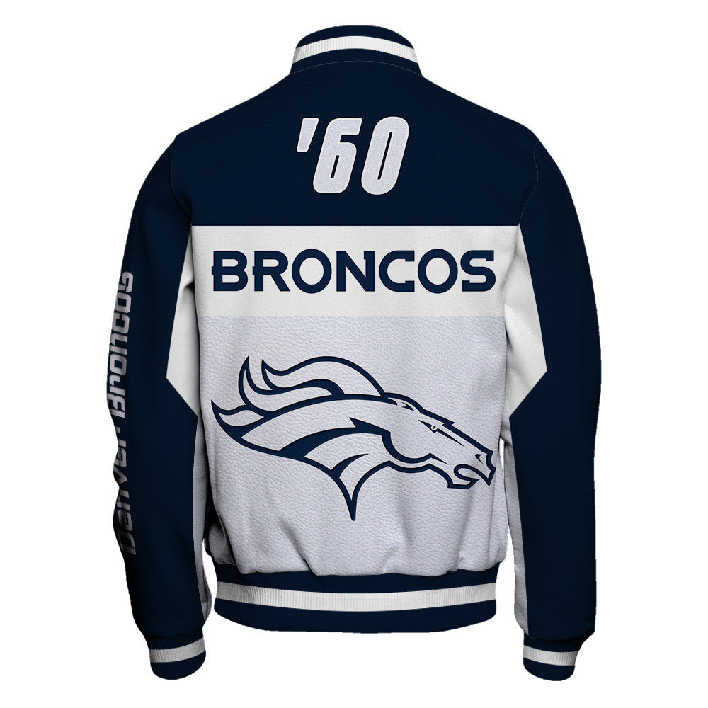 Denver Broncos Striped Collar & Highly Unique Vertical Lettering on Sleeves Varsity Jacket