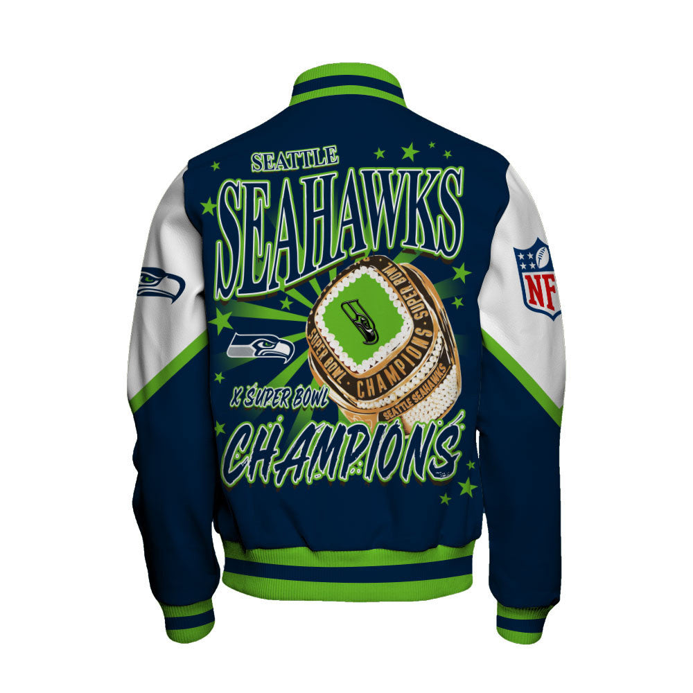 NFL Seattle Seahawks X Super Bowl Champions Gold Ring Varsity Jacket