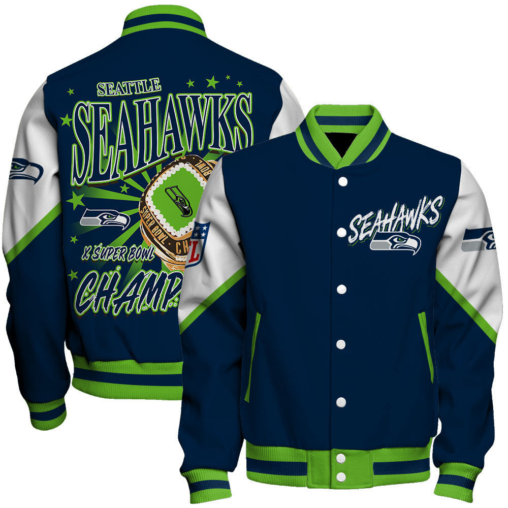 NFL Seattle Seahawks X Super Bowl Champions Gold Ring Varsity Jacket