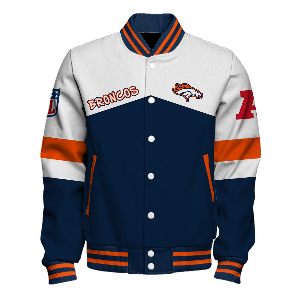 Denver Broncos Unique Double-Striped Cuff, Retro Style Varsity Jacket