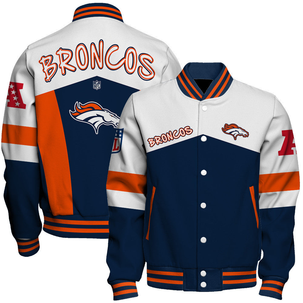 Denver Broncos Unique Double-Striped Cuff, Retro Style Varsity Jacket