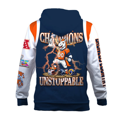 Denver Broncos 2025 Super Bowl Champions Unstoppable 3D Zip Hoodie