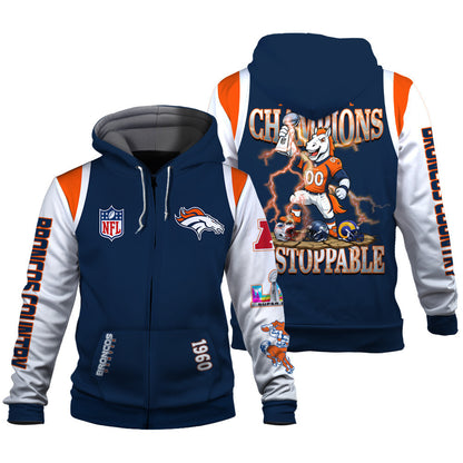 Denver Broncos 2025 Super Bowl Champions Unstoppable 3D Zip Hoodie