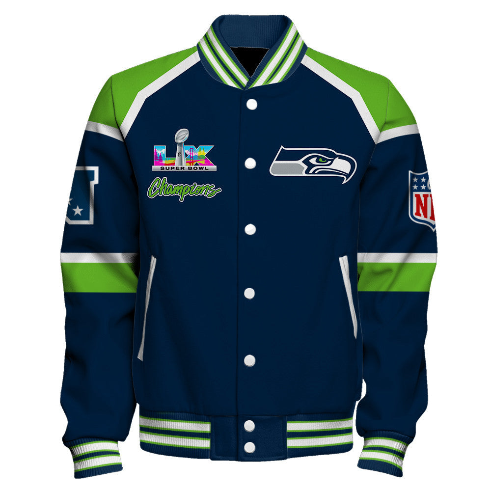 Seattle Seahawks Super Bowl LX Champions They Chase - We Lead Varsity Jacket