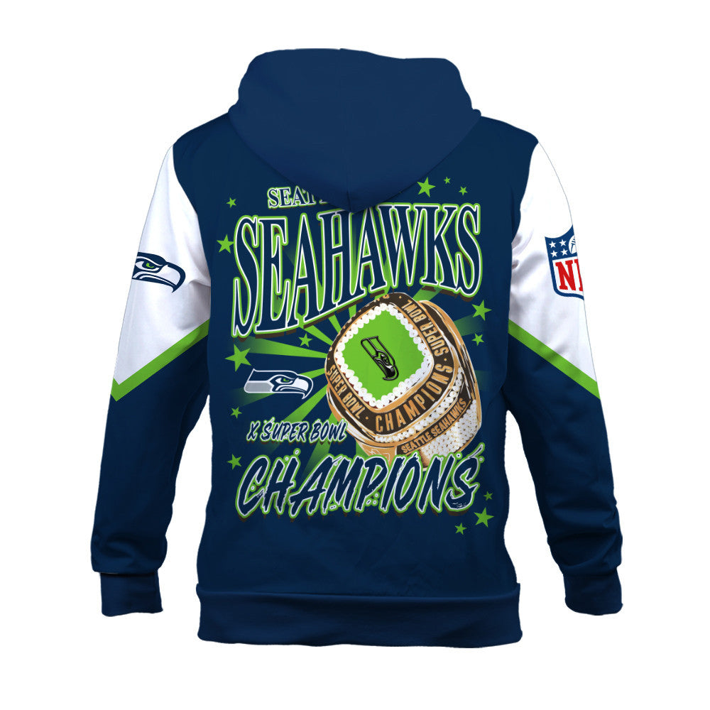 NFL Seattle Seahawks X Super Bowl Champions Gold Ring 3D Hoodie