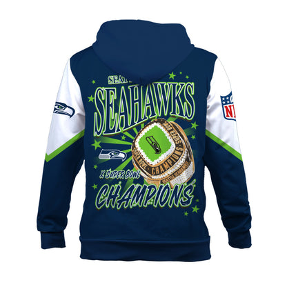 NFL Seattle Seahawks X Super Bowl Champions Gold Ring 3D Hoodie