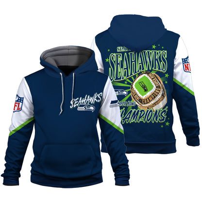 NFL Seattle Seahawks X Super Bowl Champions Gold Ring 3D Hoodie