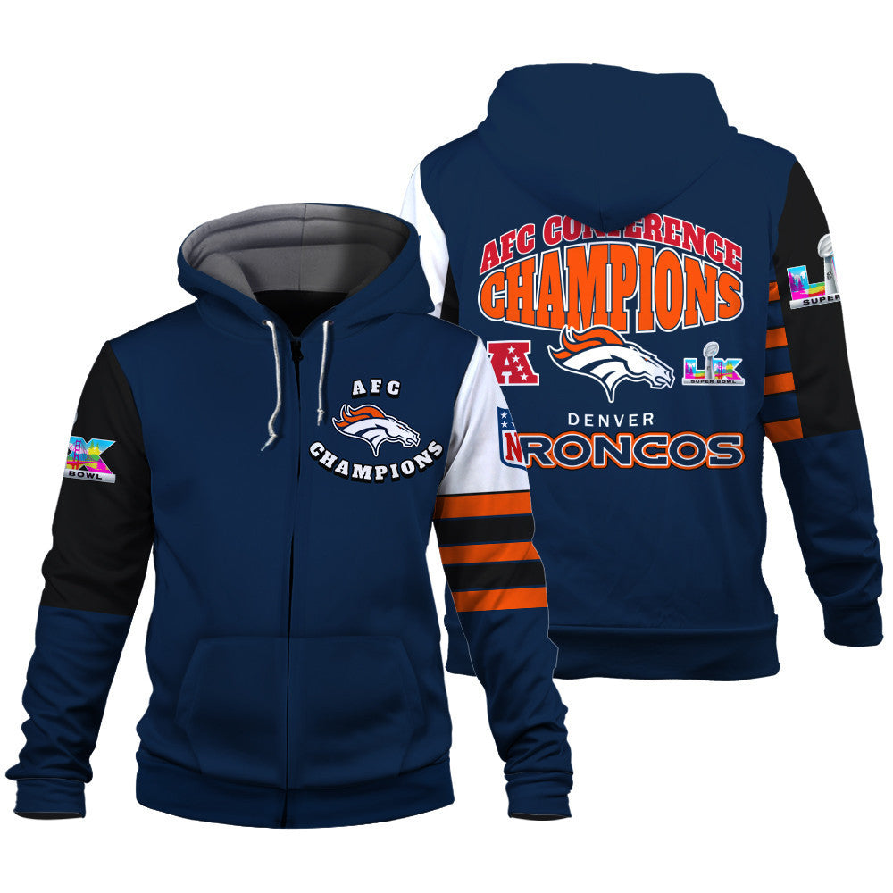 Denver Broncos 2025 AFC Conference Champions: The Ultimate Victory 3D Zip Hoodie