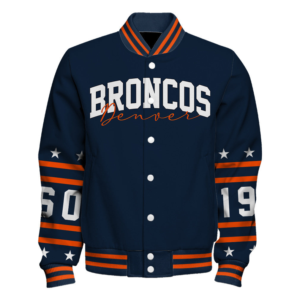 Denver Broncos Striped Rib-Knit Design & Foundation Anniversary Graphics Varsity Jacket