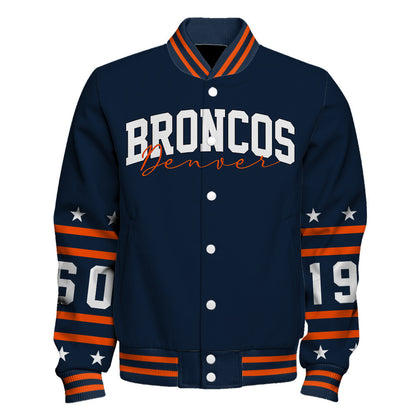 Denver Broncos Striped Rib-Knit Design & Foundation Anniversary Graphics Varsity Jacket