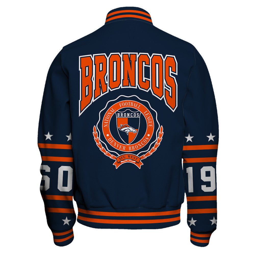 Denver Broncos Striped Rib-Knit Design & Foundation Anniversary Graphics Varsity Jacket