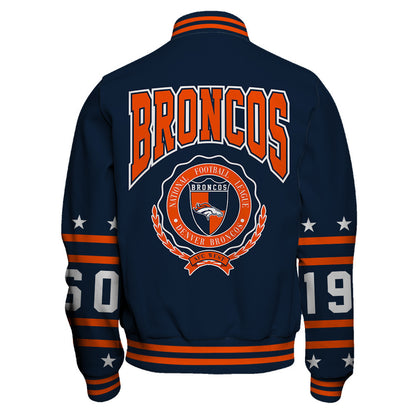 Denver Broncos Striped Rib-Knit Design & Foundation Anniversary Graphics Varsity Jacket