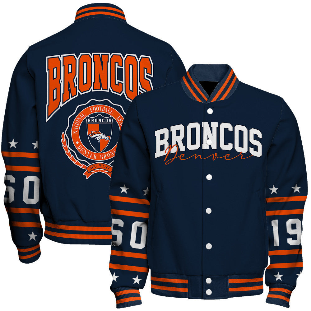 Denver Broncos Striped Rib-Knit Design & Foundation Anniversary Graphics Varsity Jacket