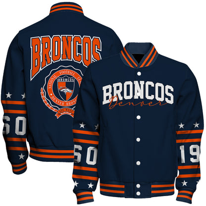 Denver Broncos Striped Rib-Knit Design & Foundation Anniversary Graphics Varsity Jacket
