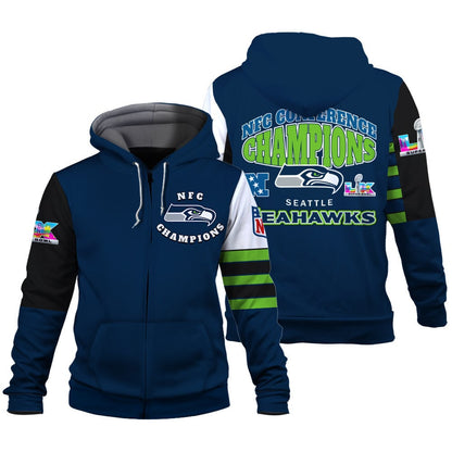 Seattle Seahawks 2025 NFC Conference Champions: The Ultimate Victory 3D Zip Hoodie