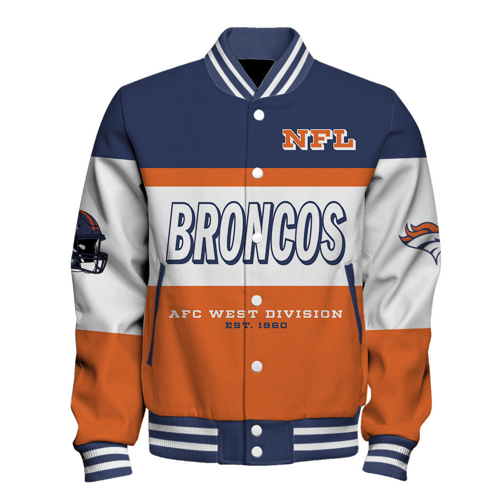 Denver Broncos Three-Striped Contrast Color Design Varsity Jacket