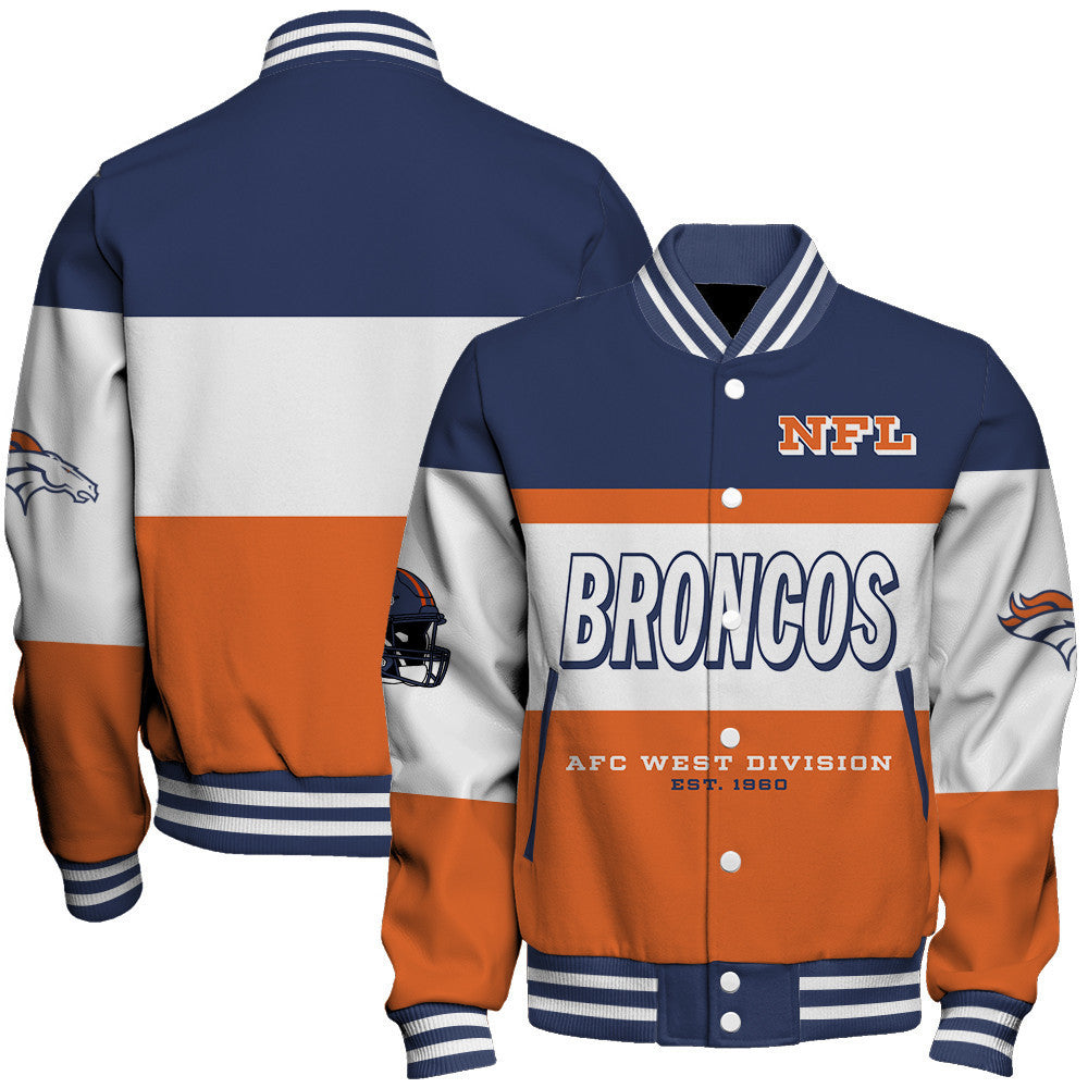 Denver Broncos Three-Striped Contrast Color Design Varsity Jacket