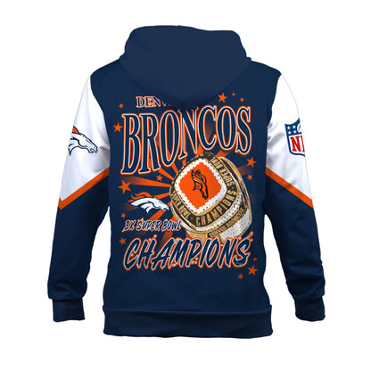 NFL Denver Broncos 3X Super Bowl Champions Gold Ring 3D Hoodie