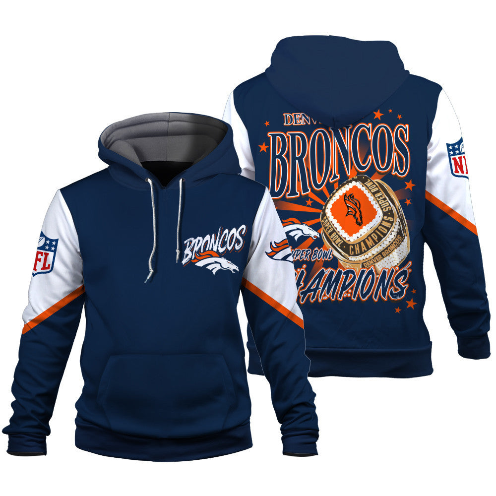 NFL Denver Broncos 3X Super Bowl Champions Gold Ring 3D Hoodie