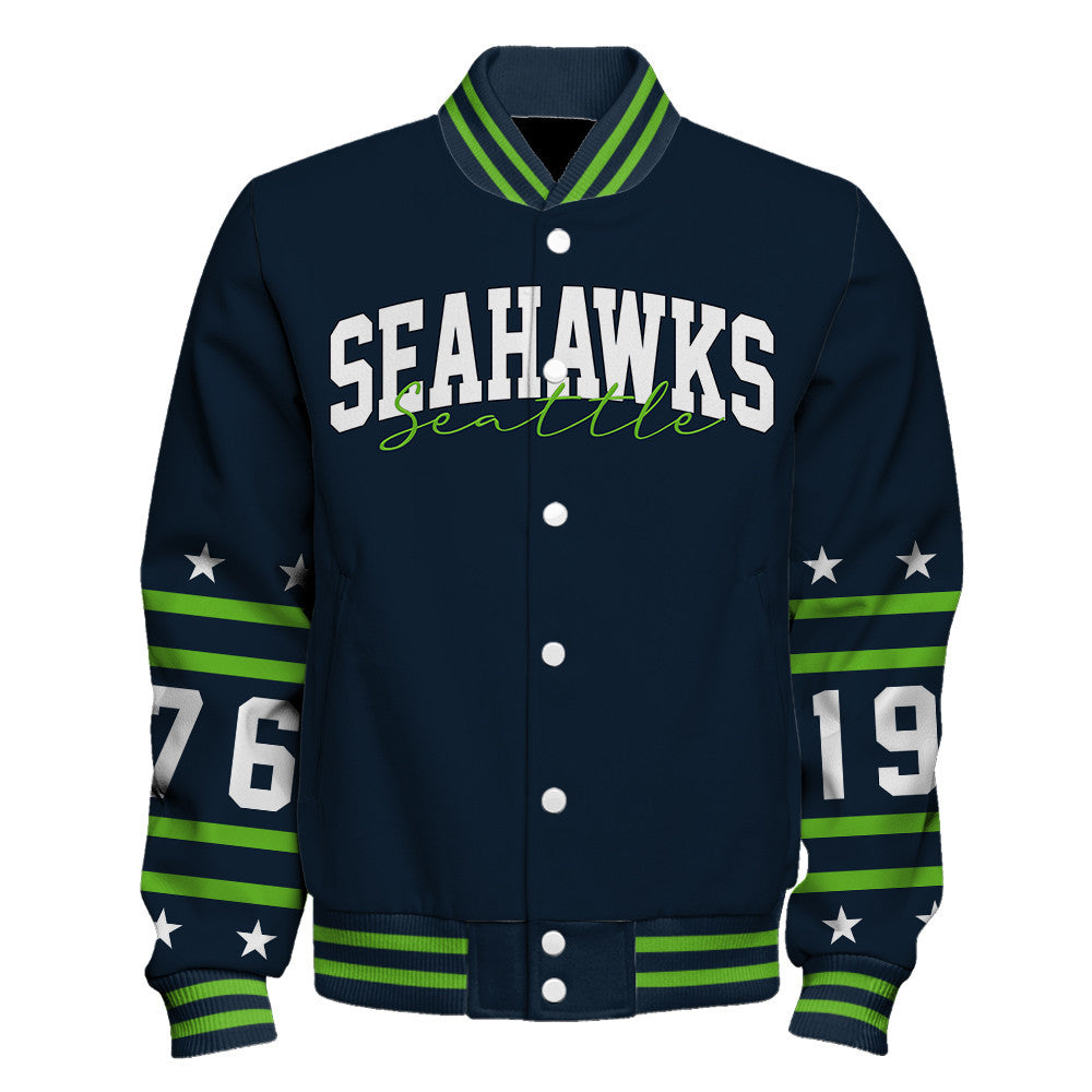 Seattle Seahawks Striped Rib-Knit Design & Foundation Anniversary Graphics Varsity Jacket