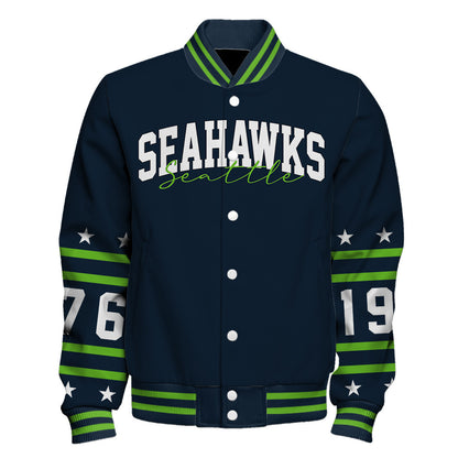 Seattle Seahawks Striped Rib-Knit Design & Foundation Anniversary Graphics Varsity Jacket