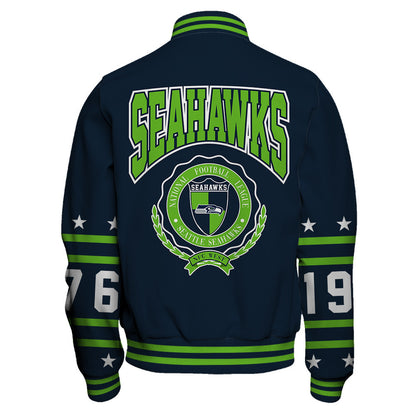 Seattle Seahawks Striped Rib-Knit Design & Foundation Anniversary Graphics Varsity Jacket