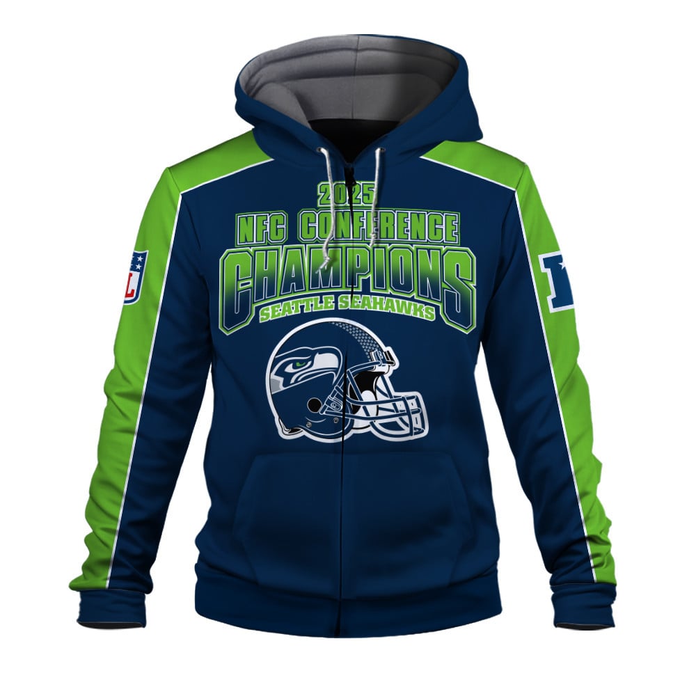 Seattle Seahawks Courage & Glory 2025 NFC Conference Champions 3D Zip Hoodie