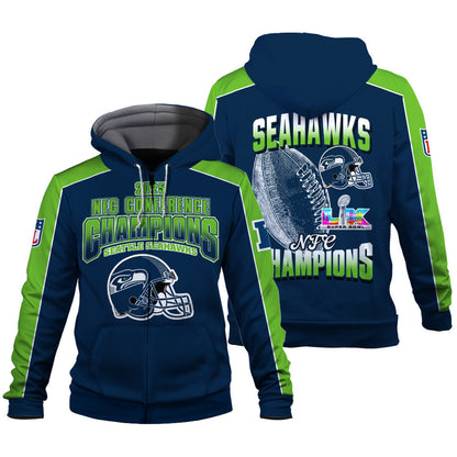 Seattle Seahawks Courage & Glory 2025 NFC Conference Champions 3D Zip Hoodie