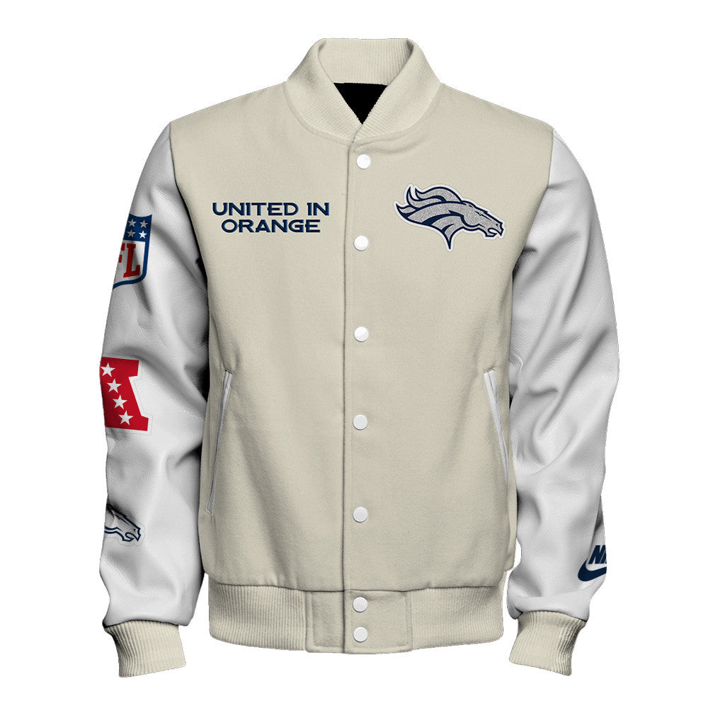 Denver Broncos Cream Color Block & Contrasting White Sleeves Varsity Jacket