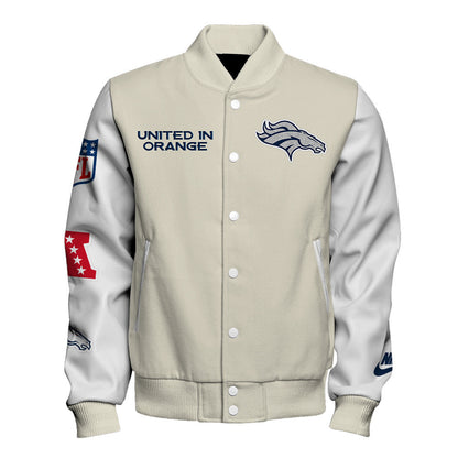 Denver Broncos Cream Color Block & Contrasting White Sleeves Varsity Jacket