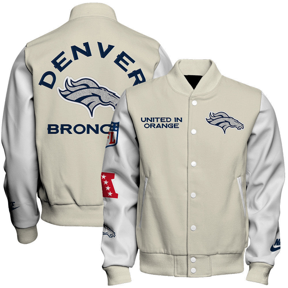 Denver Broncos Cream Color Block & Contrasting White Sleeves Varsity Jacket