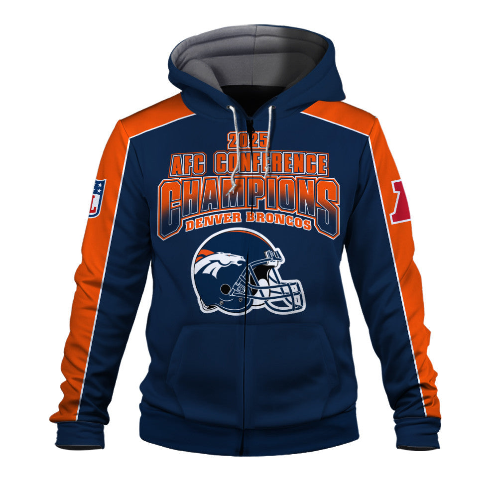 Denver Broncos Courage & Glory 2025 AFC Conference Champions 3D Zip Hoodie