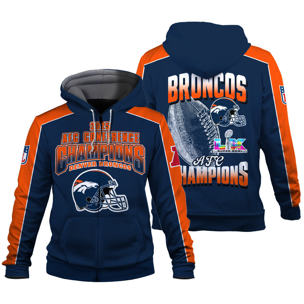 Denver Broncos Courage & Glory 2025 AFC Conference Champions 3D Zip Hoodie