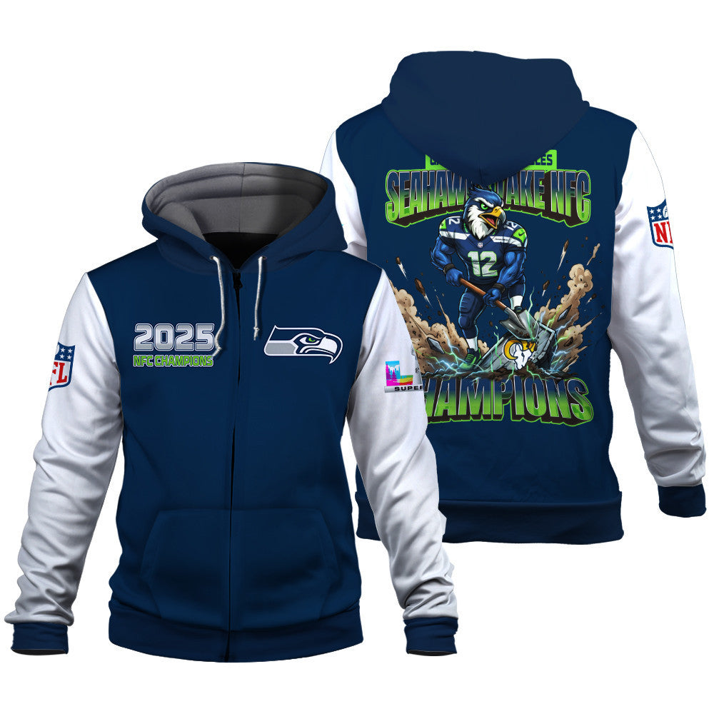 Seattle Seahawks 2025 NFC Champions: The "Seahawks Take NFC" Masterpiece 3D Zip Hoodie
