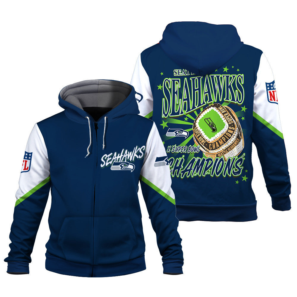 NFL Seattle Seahawks X Super Bowl Champions Gold Ring 3D Zip Hoodie