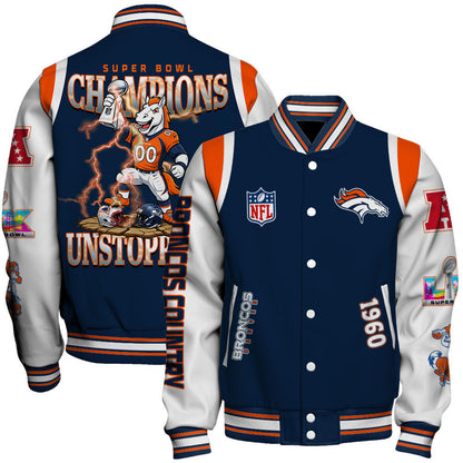 Denver Broncos 2025 Super Bowl Champions Unstoppable Varsity Jacket
