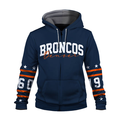 Denver Broncos Striped Rib-Knit Design & Foundation Anniversary Graphics 3D Zip Hoodie